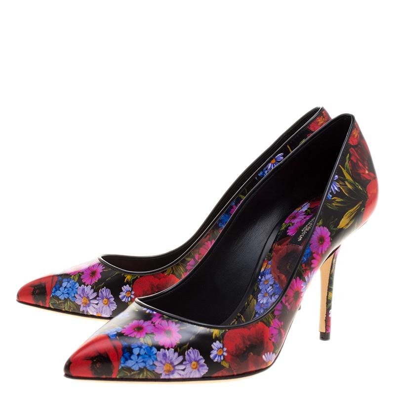 Black Dolce and Gabbana Multicolor Floral Printed Leather Bellucci Pointed Toe Pumps S