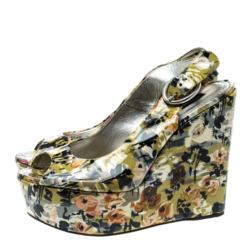 Brown Dolce and Gabbana Multicolor Floral Printed Patent Leather Peep Toe Wedge Slingb
