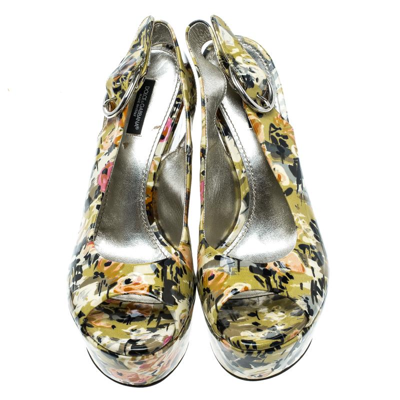 Women's Dolce and Gabbana Multicolor Floral Printed Patent Leather Peep Toe Wedge Slingb