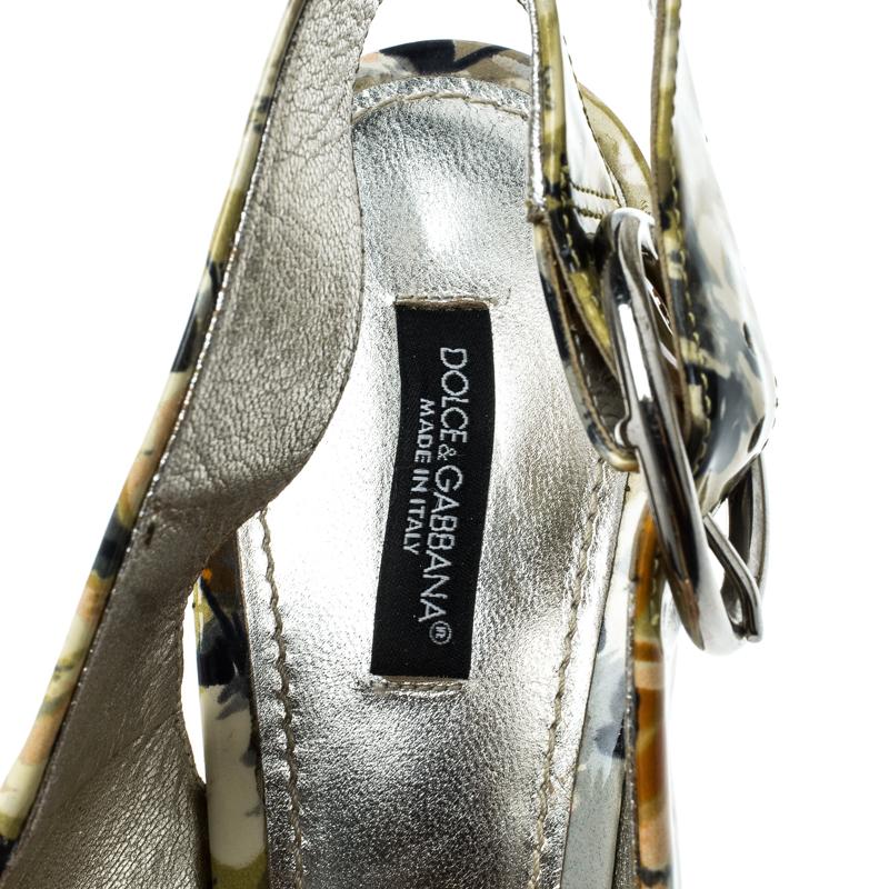 Dolce and Gabbana Multicolor Floral Printed Patent Leather Peep Toe Wedge Slingb 2