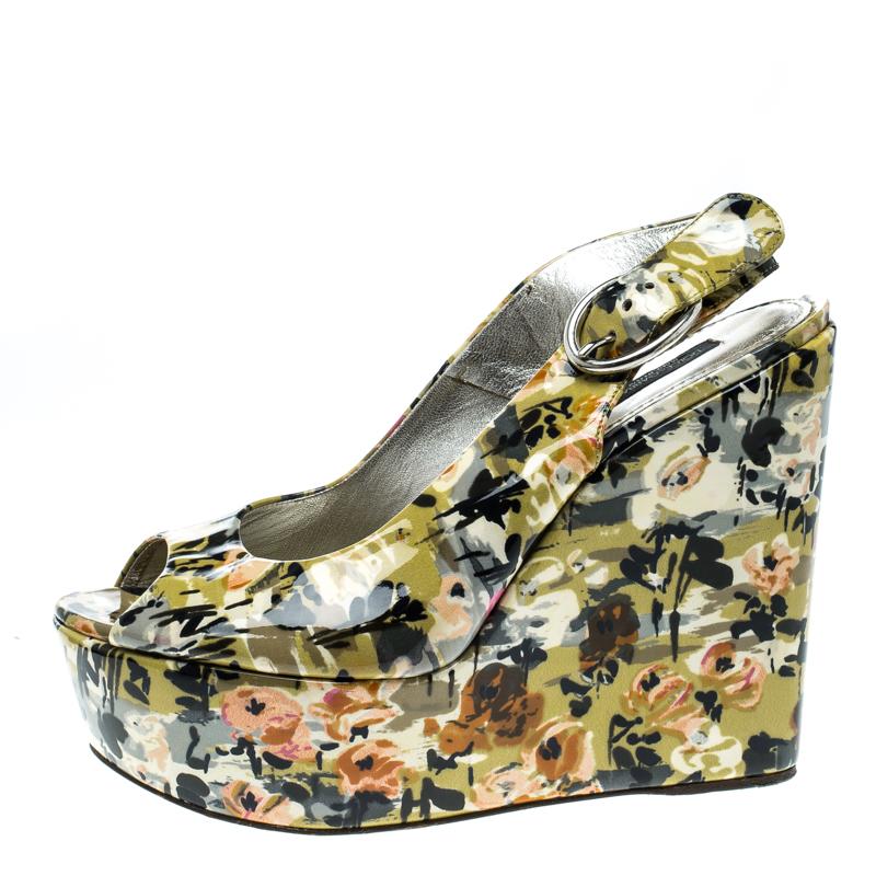 Dolce and Gabbana Multicolor Floral Printed Patent Leather Peep Toe Wedge Slingb