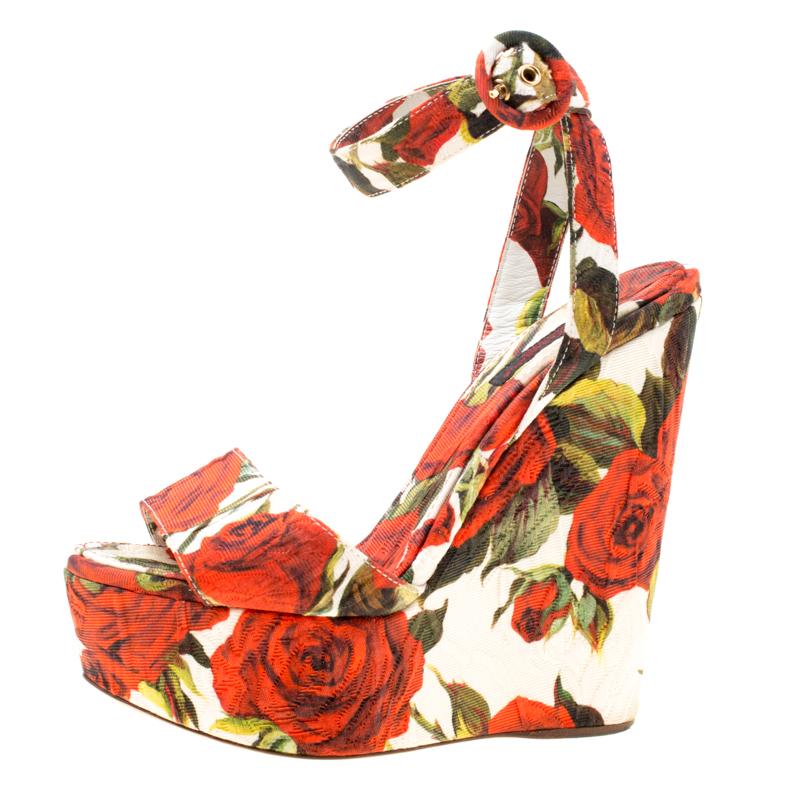 Brown Dolce and Gabbana Multicolor Floral Printed Platform Wedge Sandals Size 3