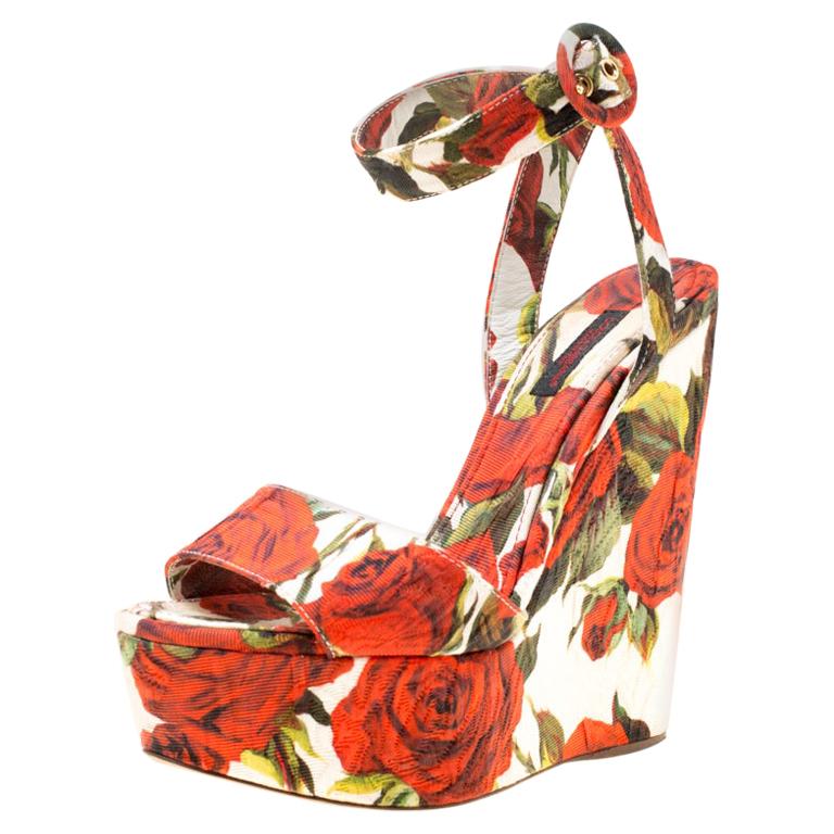 Dolce and Gabbana Multicolor Floral Printed Platform Wedge Sandals Size 3 For Sale at 1stDibs
