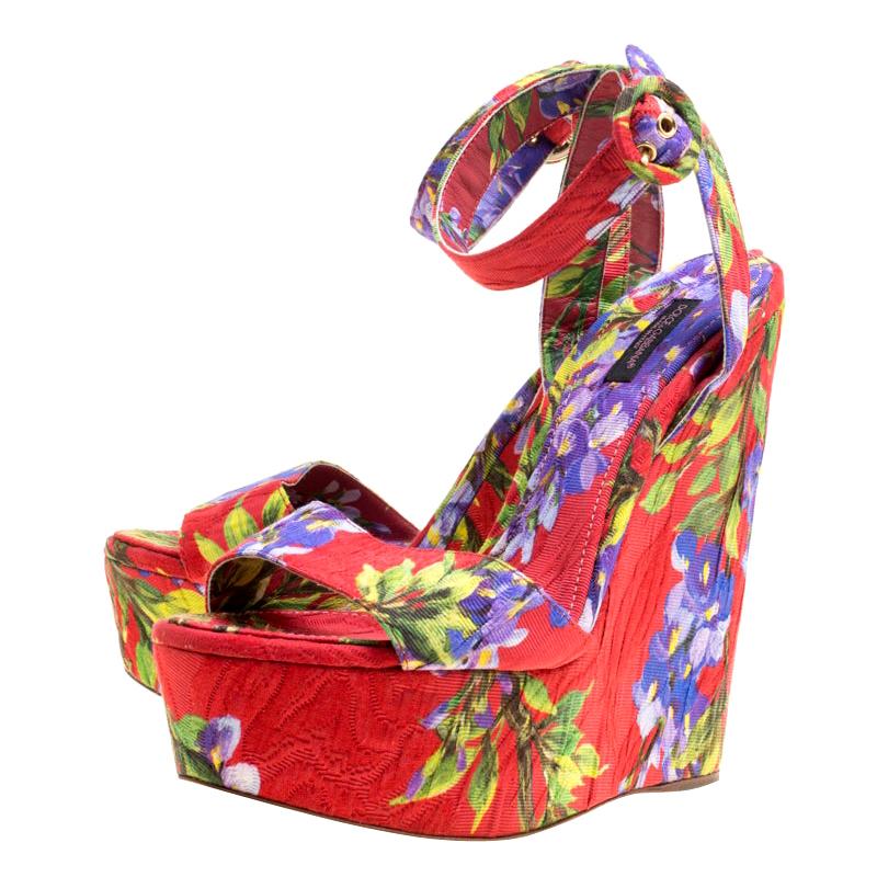 Dolce and Gabbana Multicolor Floral Printed  Platform Wedge Sandals Size 40