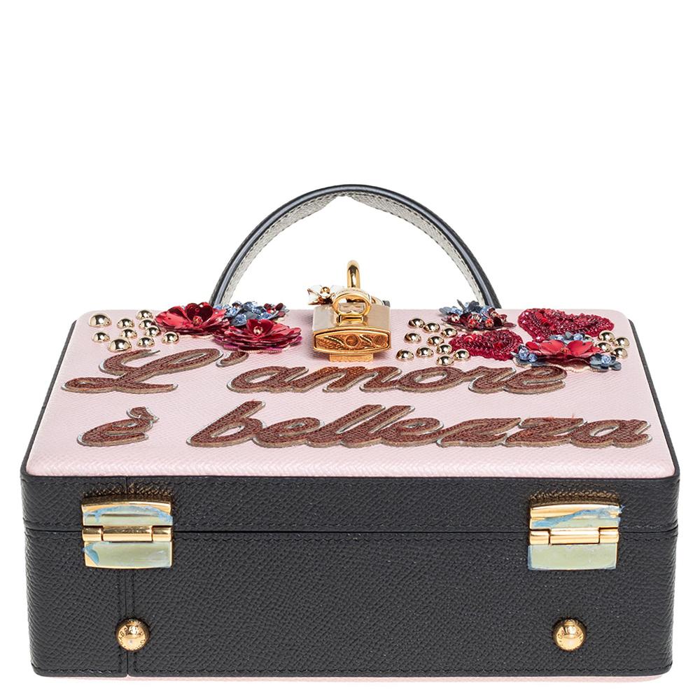 Women's Dolce and Gabbana Multicolor Flower L'Amore Leather Box Pad lock Top Handle Bag