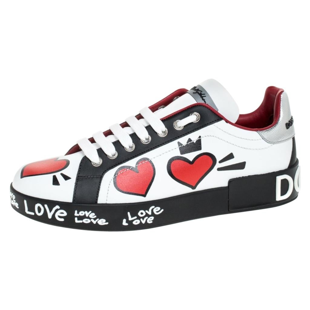 Dolce and Gabbana Multicolor Leather Portofino Heart Print Low Top Sneakers 37