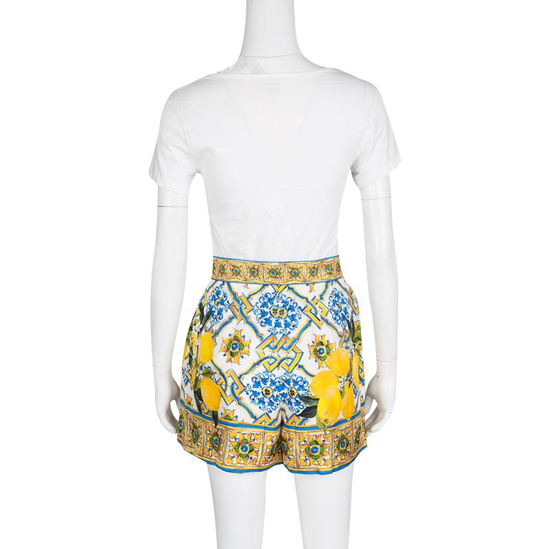 Beige Dolce and Gabbana Multicolor Lemon Print Silk High Waist Shorts S