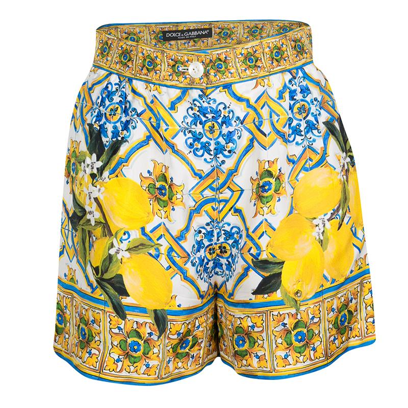 Dolce and Gabbana Multicolor Lemon Print Silk High Waist Shorts S