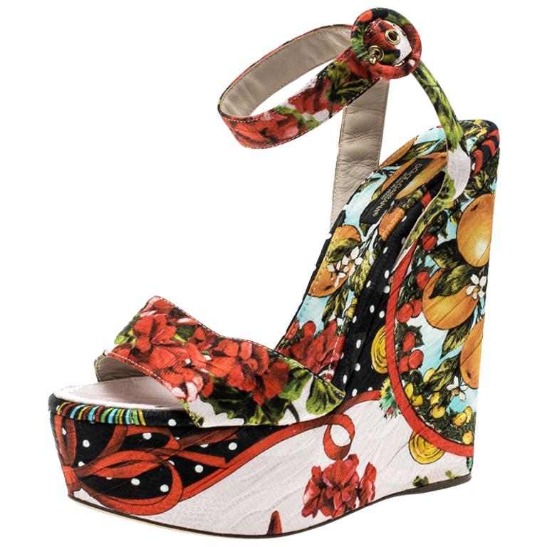 Dolce and Gabbana Multicolor Peep Toe Ankle Wrap Wedge Sandals S