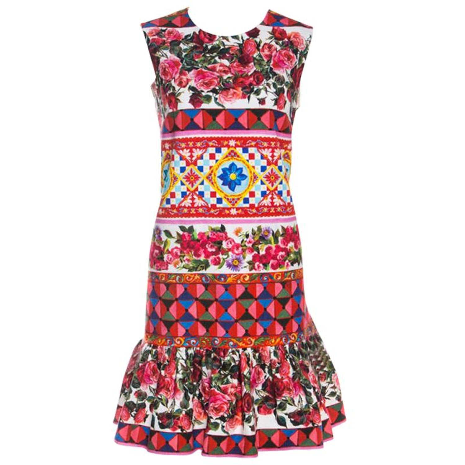 Dolce and Gabbana Multicolor Print Textured Cotton Mambo Flounce Dress M  For Sale at 1stDibs