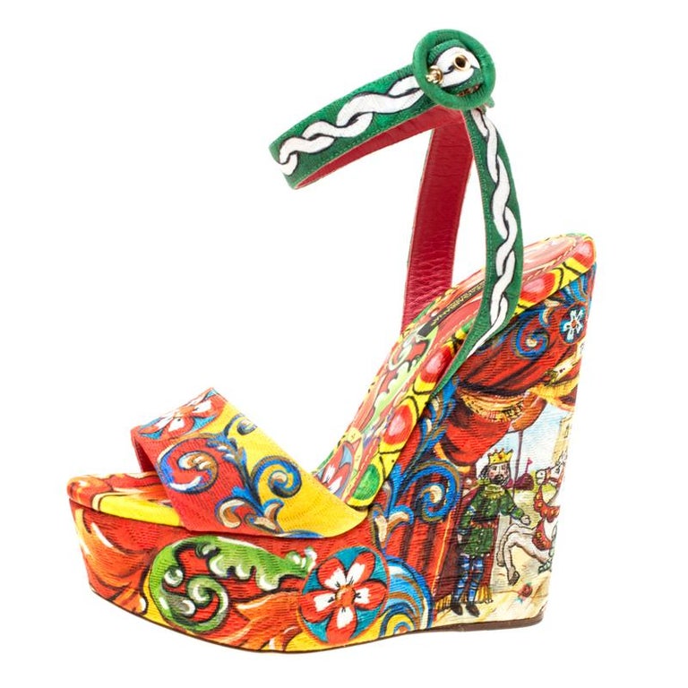 Dolce and Gabbana Multicolor Printed Brocade Ankle Wrap Wedge Sandals ...