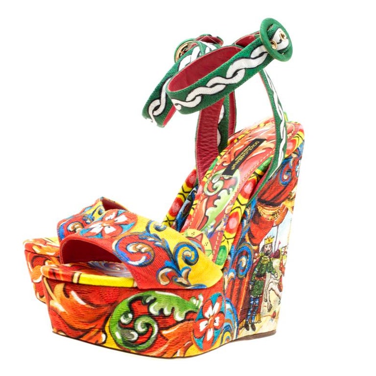 Dolce and Gabbana Multicolor Printed Brocade Ankle Wrap Wedge Sandals ...