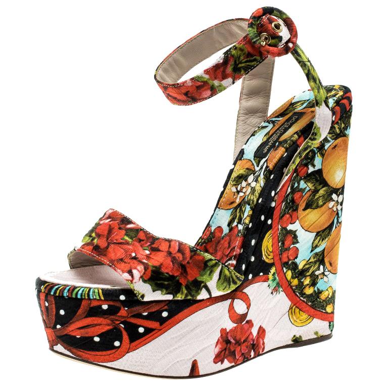 Dolce and Gabbana Multicolor Printed Brocade Peep Toe  Wedge Sandals Size 39.5