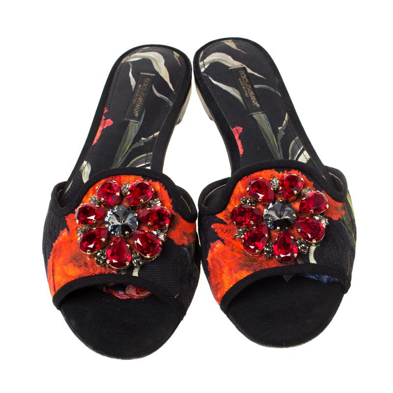 Black Dolce and Gabbana Multicolor Printed Canvas Sofia Crystal Slides Size 37.5