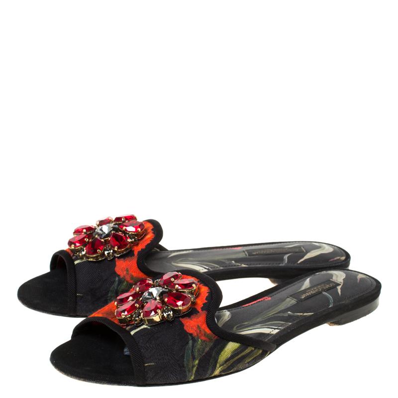 Dolce and Gabbana Multicolor Printed Canvas Sofia Crystal Slides Size 37.5 2