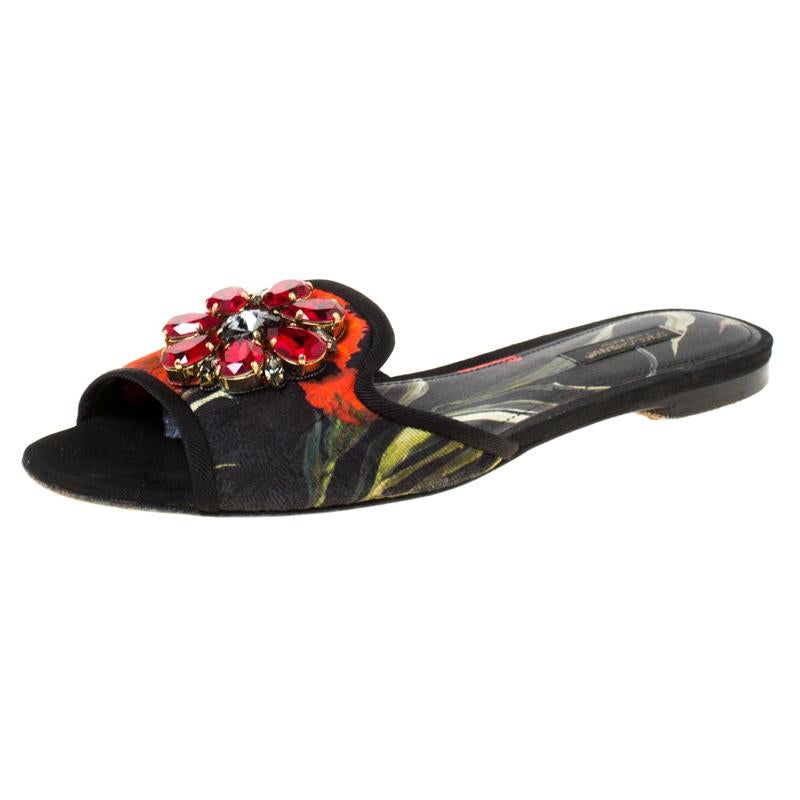 Dolce and Gabbana Multicolor Printed Canvas Sofia Crystal Slides Size 37.5