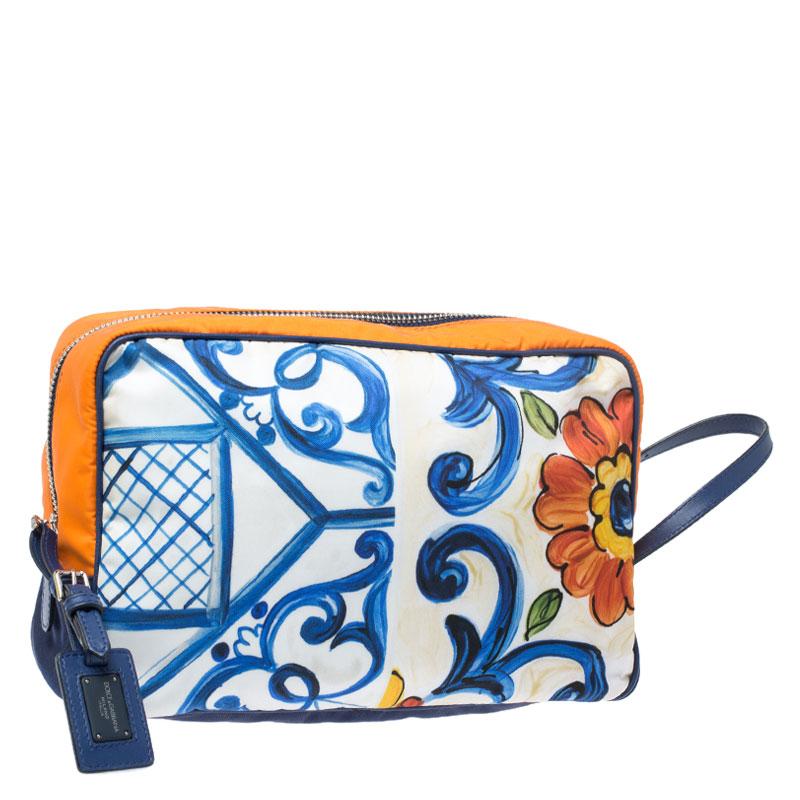 Beige Dolce and Gabbana Multicolor Printed Nylon Wash Bag