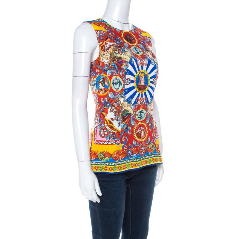 Brown Dolce and Gabbana Multicolor Printed Silk Sleeveless Top M