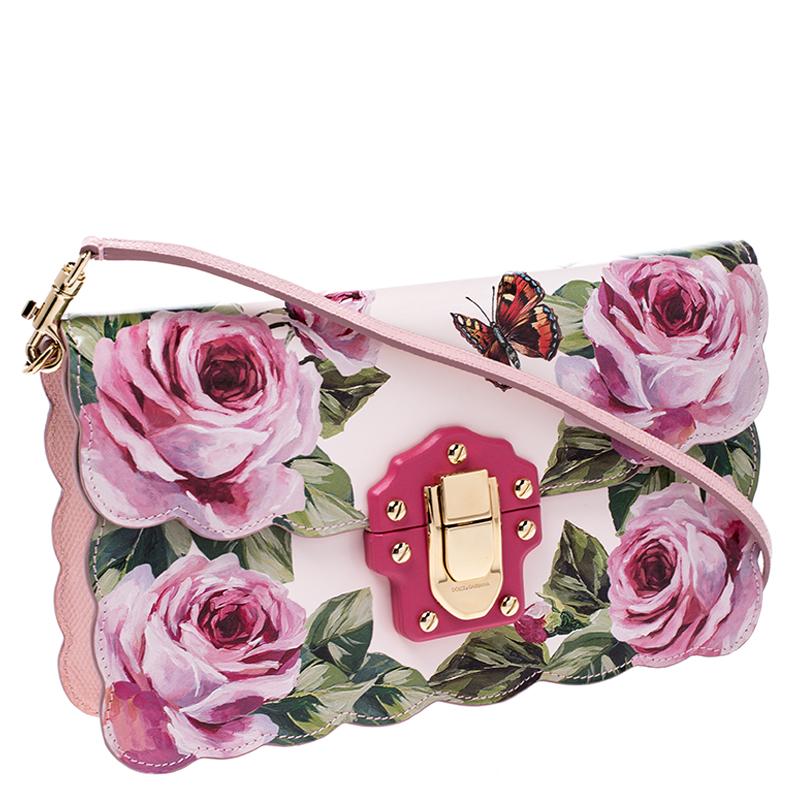 Beige Dolce and Gabbana Multicolor Rose and Butterfly Printed Patent Leather Flap Shou