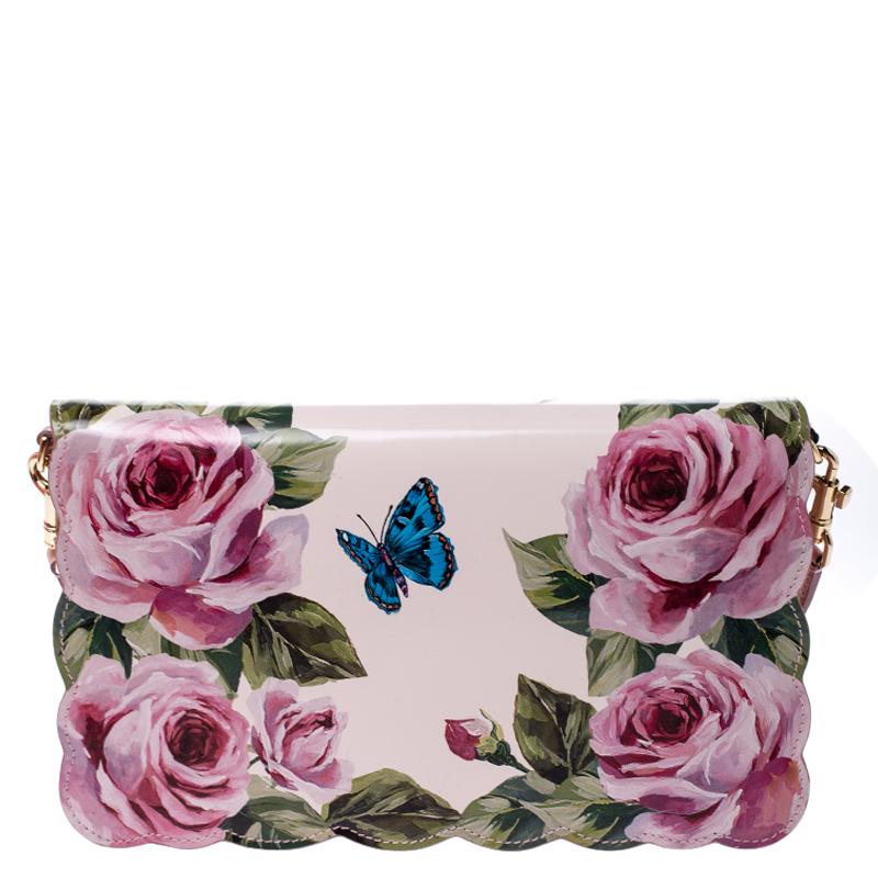 Dolce and Gabbana Multicolor Rose and Butterfly Printed Patent Leather Flap Shou 1
