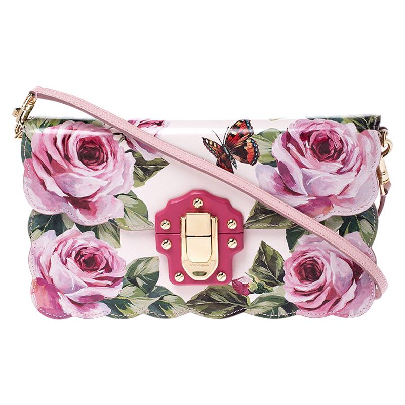 Dolce and Gabbana Multicolor Rose and Butterfly Printed Patent Leather Flap Shou