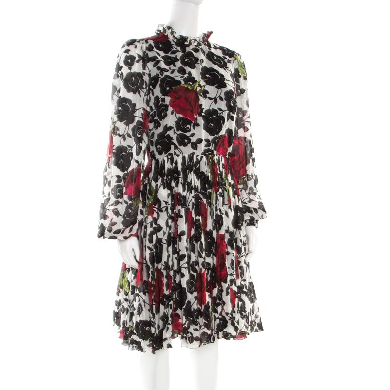 Black Dolce and Gabbana Multicolor Rose Printed Silk Long Sleeve Dress M
