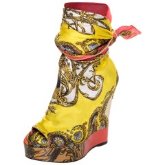 Dolce and Gabbana Multicolor Scarf Open Toe Ankle Wrap Wedge Pumps Size 36.5