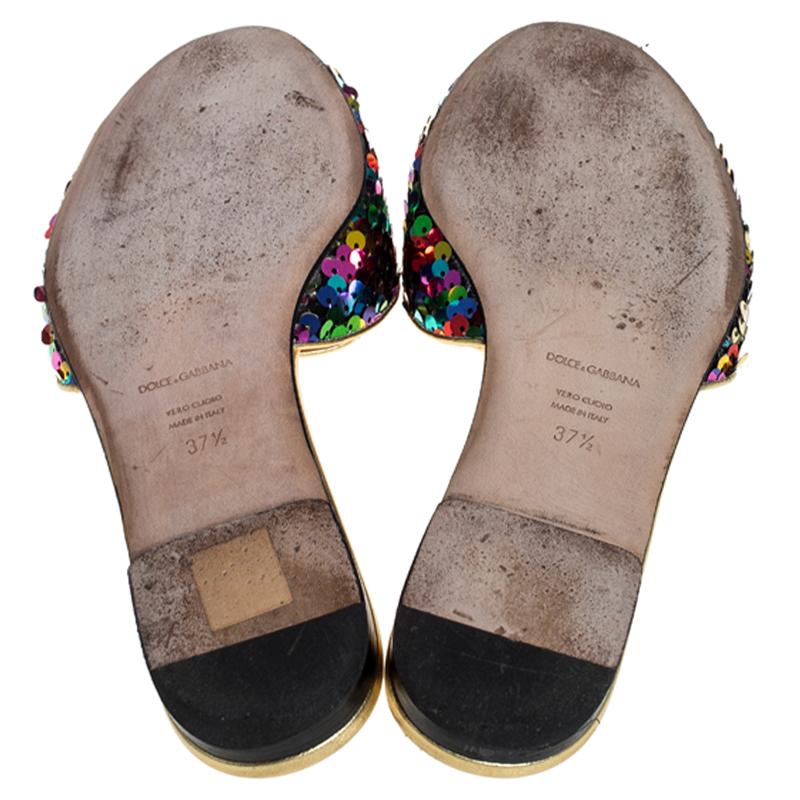 Dolce and Gabbana Multicolor Fabric And Leather Trim Flat Slides Size 37.5 2
