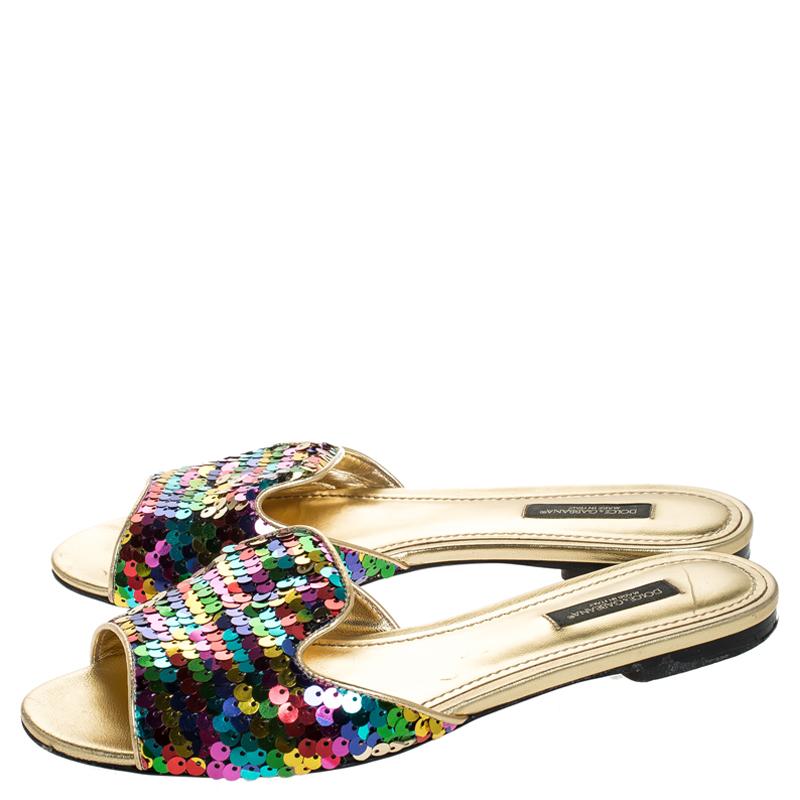 Women's Dolce and Gabbana Multicolor Fabric And Leather Trim Flat Slides Size 37.5
