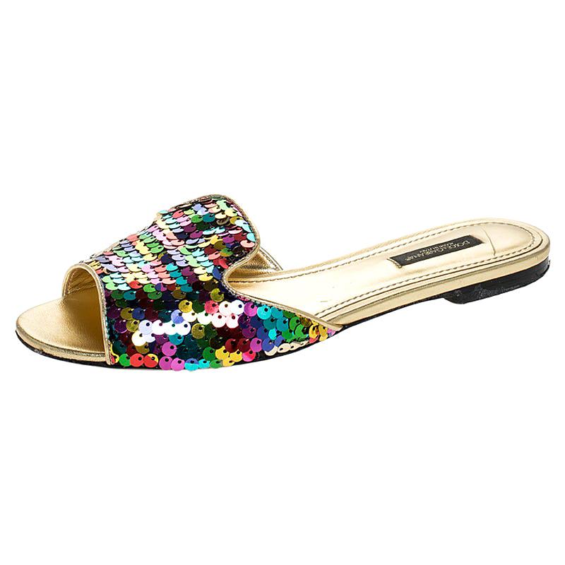 Dolce and Gabbana Multicolor Fabric And Leather Trim Flat Slides Size 37.5