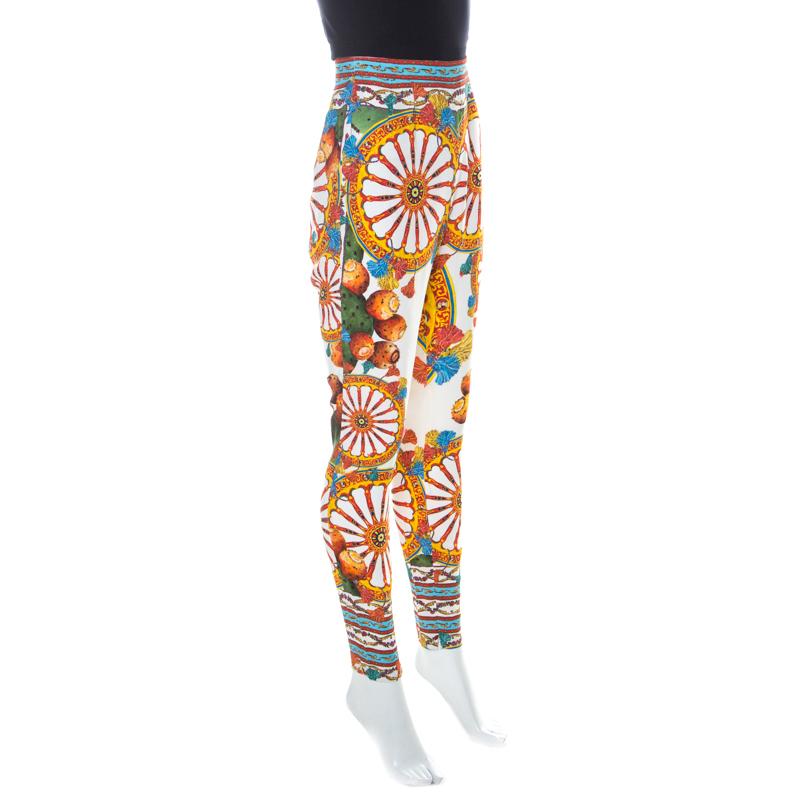 Beige Dolce and Gabbana Multicolor Sicilian Print Pants S