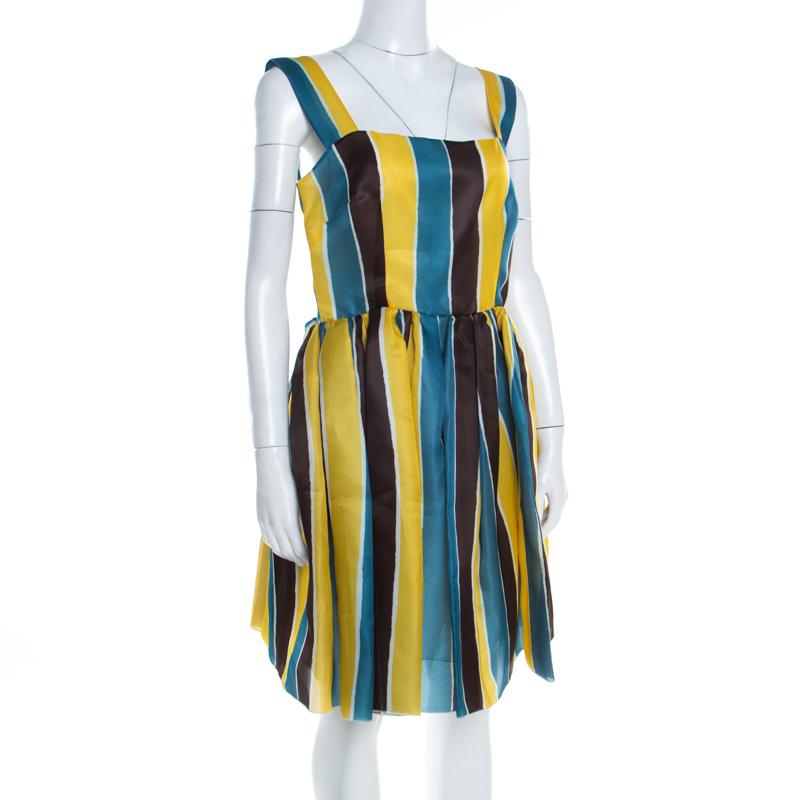 Beige Dolce and Gabbana Multicolor Stripe Printed Silk Sleeveless Dress M