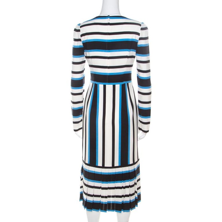 Dolce And Gabbana Multicolor Striped Silk Pleat Detail Midi Sheath Dress S At 1stdibs