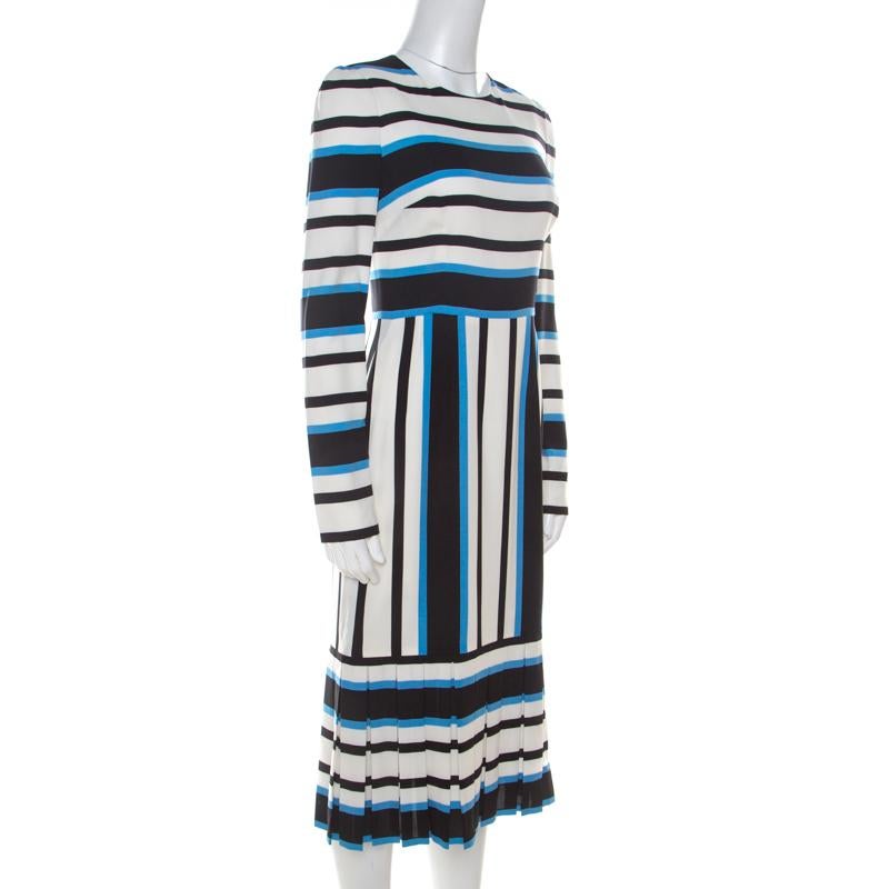 Black Dolce And Gabbana Multicolor Striped Silk Pleat-Detail Midi Sheath Dress S