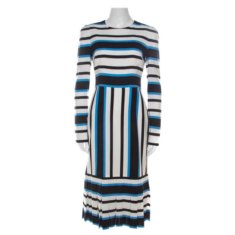 Dolce And Gabbana Multicolor Striped Silk Pleat-Detail Midi Sheath Dress S