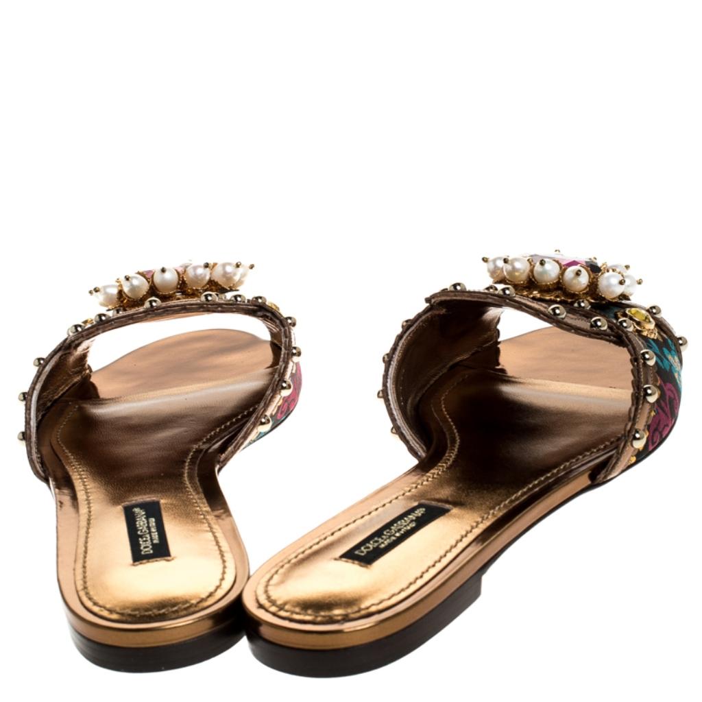 Women's Dolce and Gabbana Multicolor Trim Faux Pearl Embellished Flat Slides Size 39