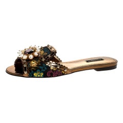 Dolce and Gabbana Multicolor Trim Faux Pearl Embellished Flat Slides Size 39