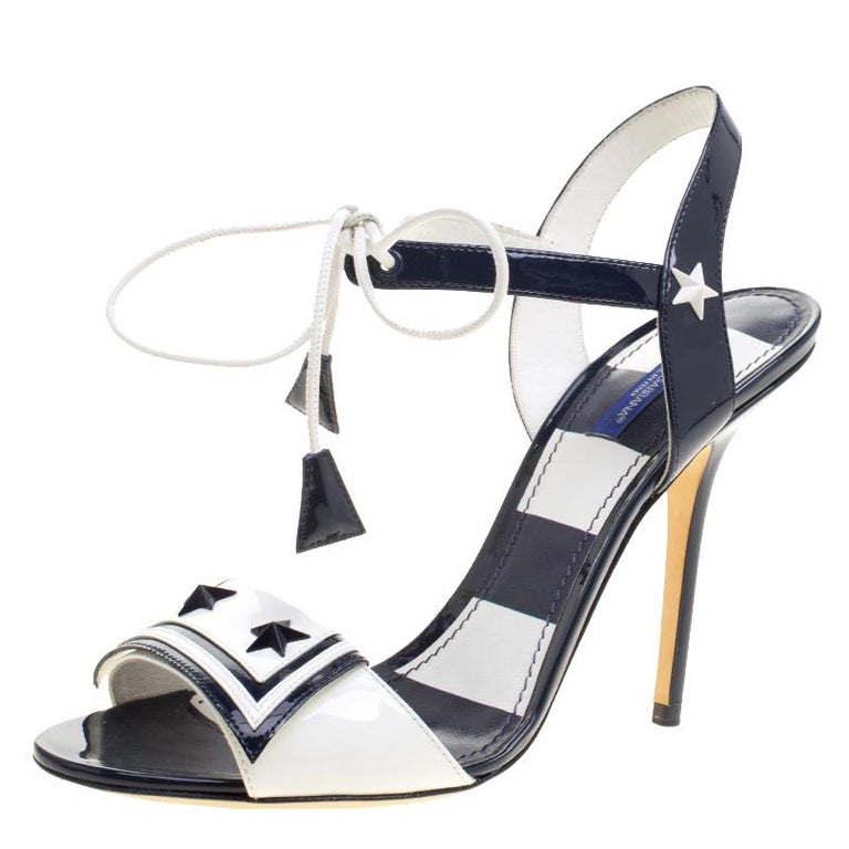 Dolce and Gabbana Navy Blue and White Patent Leather Keira Ankle Tie ...