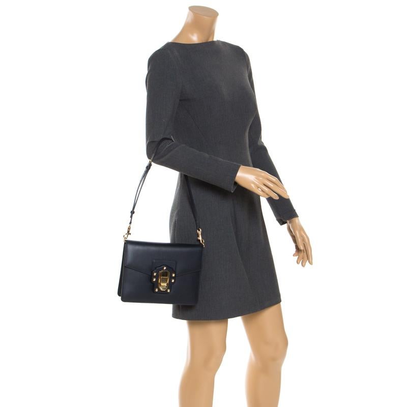 Black Dolce and Gabbana Navy Blue Leather Lucia Medium Shoulder Bag