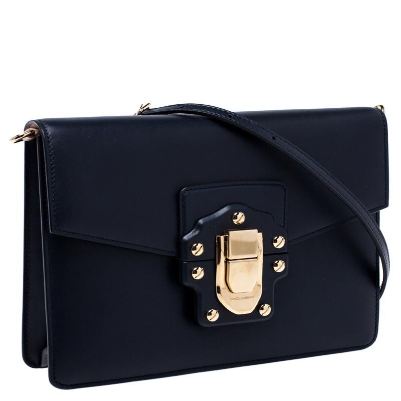 Dolce and Gabbana Navy Blue Leather Lucia Medium Shoulder Bag In New Condition In Dubai, Al Qouz 2
