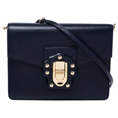 Dolce and Gabbana Navy Blue Leather Lucia Medium Shoulder Bag