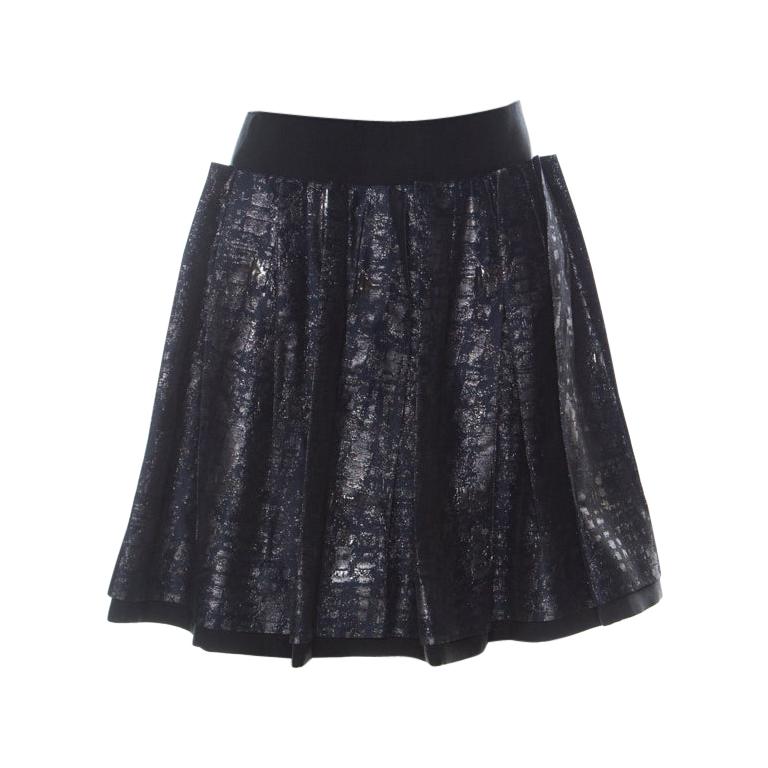 Dolce and Gabbana Navy Blue Lurex Jacquard Pleated Short Skirt M