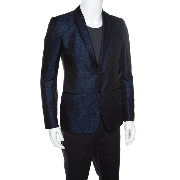 Dolce and Gabbana Navy Blue Metallic Jacquard Satin Trim Tuxedo Blazer ...
