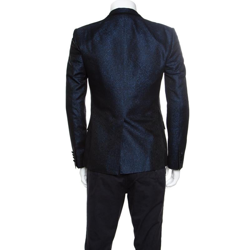 Black Dolce and Gabbana Navy Blue Metallic Jacquard Satin Trim Tuxedo Blazer M