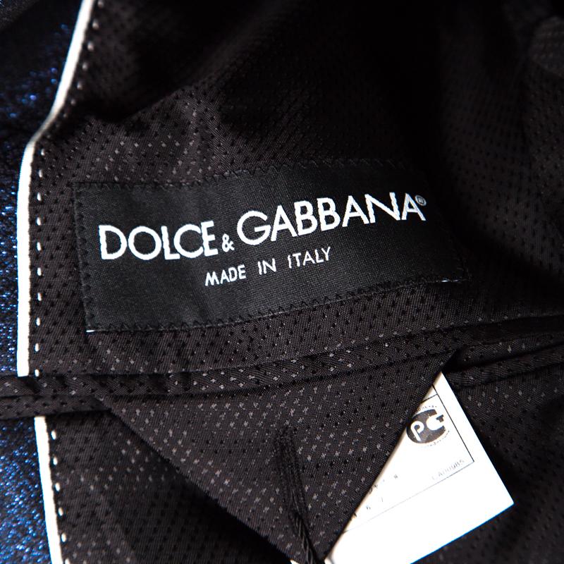 Dolce and Gabbana Navy Blue Metallic Jacquard Satin Trim Tuxedo Blazer M 1