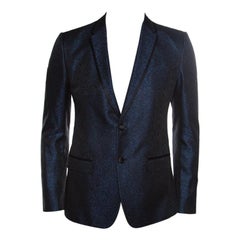 Dolce and Gabbana Navy Blue Metallic Jacquard Satin Trim Tuxedo Blazer M