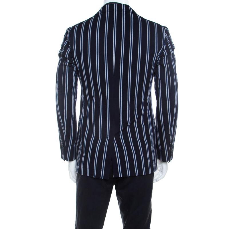 Black Dolce And Gabbana Navy Blue Striped Cotton Tailored Two Button Blazer M
