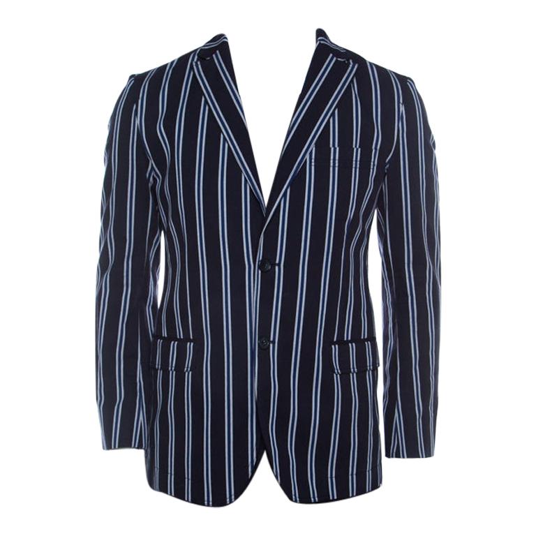 Dolce And Gabbana Navy Blue Striped Cotton Tailored Two Button Blazer M