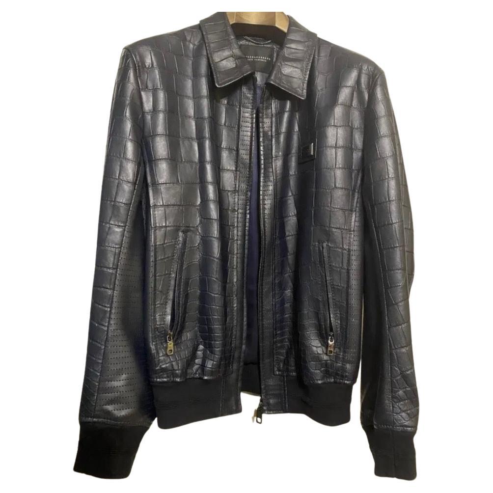 Dolce and Gabbana Navy Crocodile Bomber Jacket For Sale
