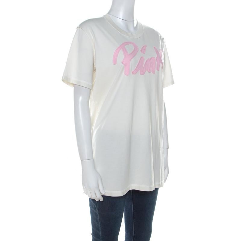 Gray Dolce and Gabbana Off White Cotton Pink Applique Crew Neck T-Shirt XL
